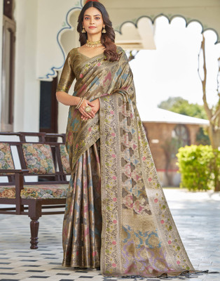 Samah Woven, Embellished Banarasi Silk Blend Saree(Multicolor, Grey)