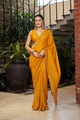 SHRIMORI Embellished Bollywood Silk Blend Saree(Mustard)