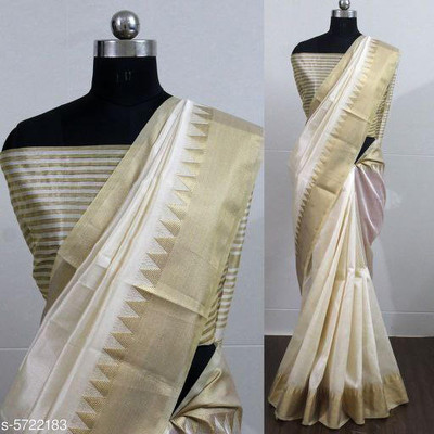 PRIYESHA TEXTILES Temple Border Assam Silk Cotton Blend Saree(White)