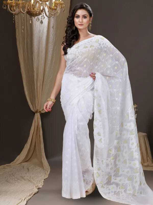 S G SAREES Woven, Geometric Print Handloom Handloom Cotton Silk Saree(White)