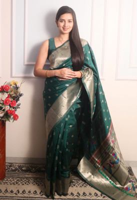 sarjan creation Woven Paithani Jacquard Saree(Green)