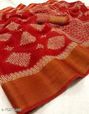 Grubstaker Printed Assam Silk Art Silk Saree(Red)