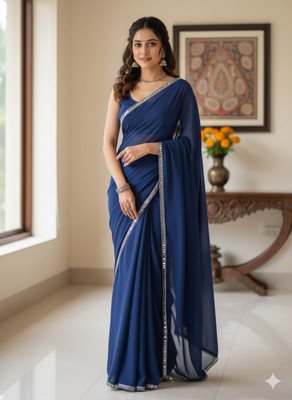 LA LILY Embellished, Solid/Plain, Self Design Bollywood Georgette Saree(Blue)