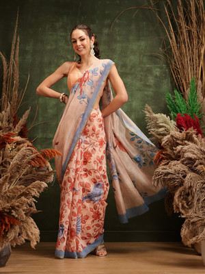 SILK ZONE Digital Print Chanderi Cotton Blend Saree(Beige)