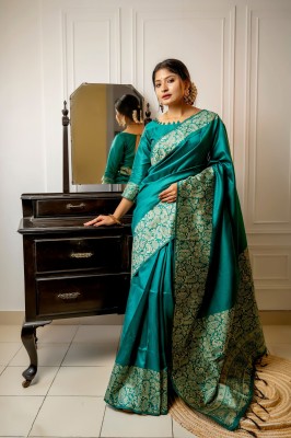 KANDORA Woven Banarasi Pure Silk Saree(Dark Green)