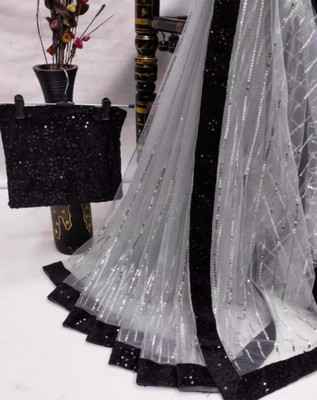 BAFNA FASHION Striped Bollywood Net Saree(Black)