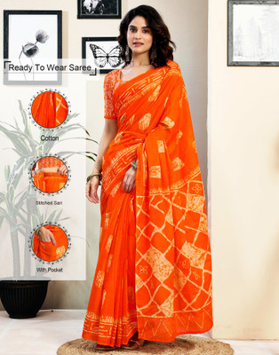 Samah Floral Print, Geometric Print, Printed Daily Wear Pure Cotton Saree(Orange, Cream)