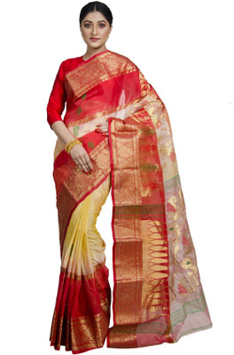 Akash Enterprise Self Design Handloom Handloom Tussar Silk Saree(Cream, Red)