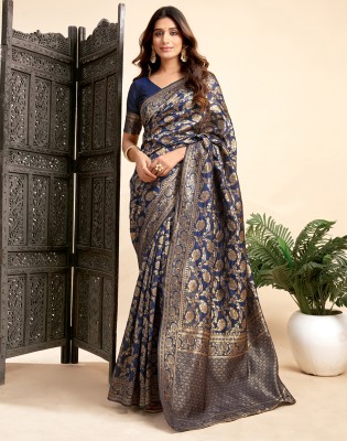 Divastri Woven, Embellished Kanjivaram Silk Blend, Jacquard Saree(Dark Blue, Gold)