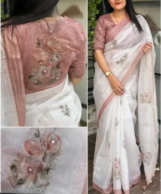 Sarthi Fashion Digital Print, Floral Print Kantha Cotton Linen Saree(White)