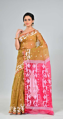 Mondal Saree Centre Printed Jamdani Cotton Silk Saree(Pink, Brown)