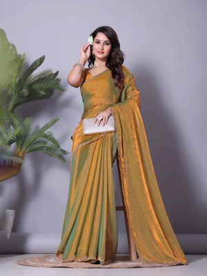 FEBART CREATION Solid/Plain Bollywood Chiffon Saree(Yellow)