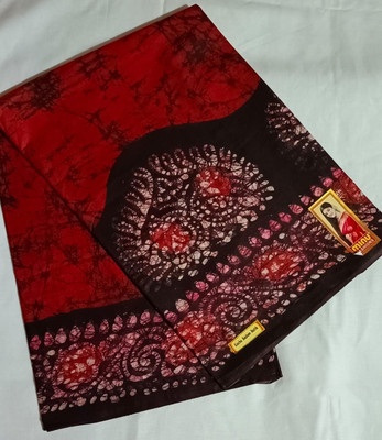 Minu Fashion Woven, Printed Hand Batik Pure Cotton Saree(Brown, Maroon)