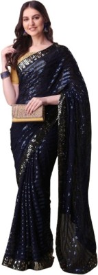 zili Embroidered, Striped Bollywood Georgette Saree(Blue)