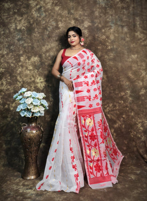 GulabiSaheba Self Design Jamdani Cotton Silk Saree(White, Red)