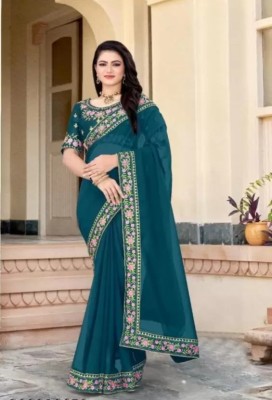 DRIZOMIZ Solid/Plain Bollywood Georgette Saree(Dark Blue)