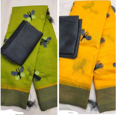 ROFOLO Embellished, Solid/Plain Daily Wear Chanderi, Cotton Silk Saree(Pack of 2, Green, Yellow)