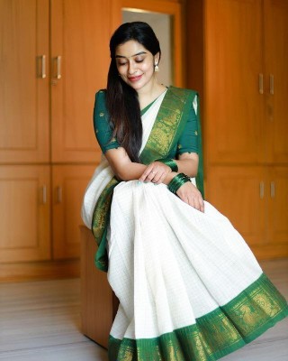 Anjaneya Sarees Woven Banarasi Silk Blend Saree(White, Green)