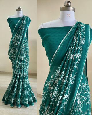 BORANA Floral Print Bollywood Georgette Saree(Light Blue)