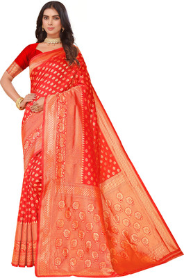 Leeza Store Woven Kanjivaram Cotton Silk Saree(Red)