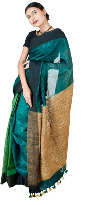 HAIDER ALI AND SONS Solid/Plain Bhagalpuri Linen Saree(Green)