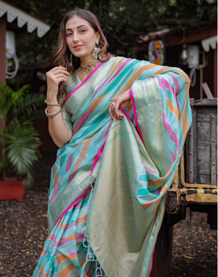 Satrani Woven, Embellished Banarasi Silk Blend Saree(Light Blue, Gold)