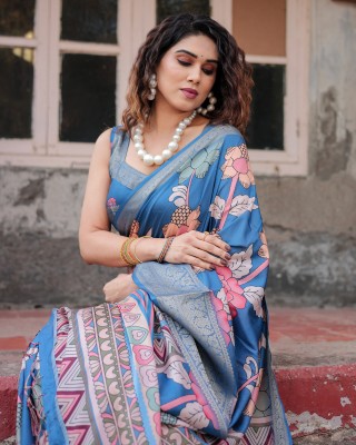 maharani couture Digital Print Banarasi Silk Blend Saree(Blue)