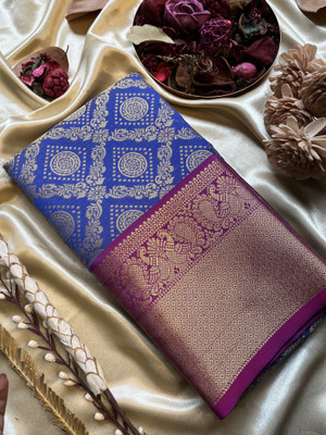 PENNINSWAG Woven Kanjivaram Silk Blend Saree(Blue, Magenta)