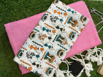 SMRITI HANDLOOM Printed Kalamkari Handloom Pure Cotton Saree(Pink, White)