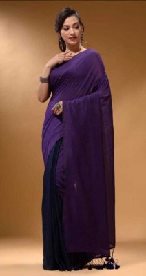 SUDIPTA Solid/Plain Daily Wear Cotton Blend Saree(Blue)