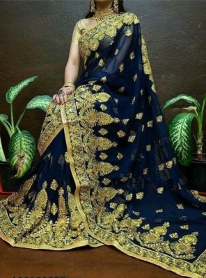 KHRITI FAB Embroidered, Self Design Bollywood Georgette Saree(Blue)