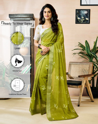Samah Printed Daily Wear Linen Saree(Green)