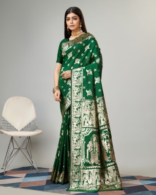 EEVLI Woven Baluchari Art Silk, Silk Blend Saree(Green)