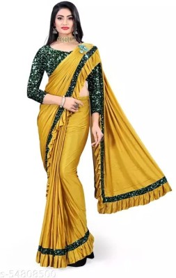 KSENTERPRISE Solid/Plain Bollywood Lycra Blend Saree(Yellow)