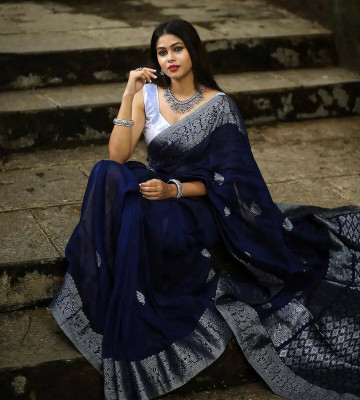 kriyafashion Printed Bollywood Silk Blend Saree(Blue)