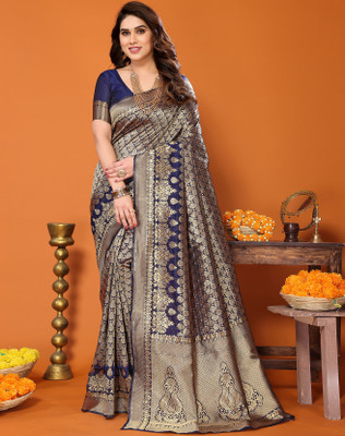 YASHIKA Printed Kanjivaram Silk Blend Saree(Blue)