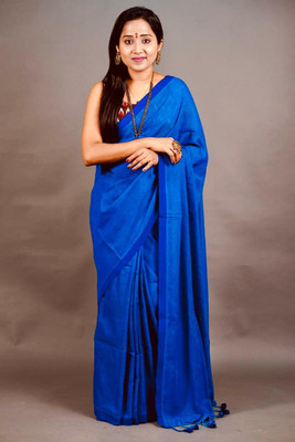 LDma Self Design Handloom Cotton Blend Saree(Blue)