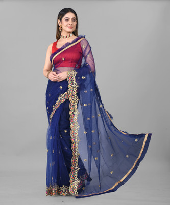Yashvi Designer Embroidered Bollywood Net Saree(Blue)