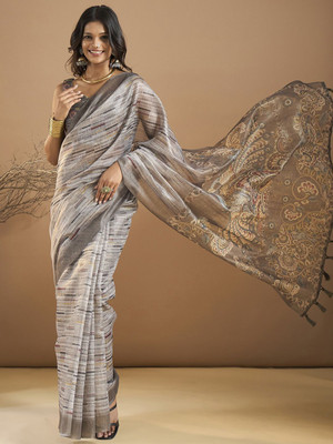 Sangria Printed Hand Batik Organza Saree(Grey)