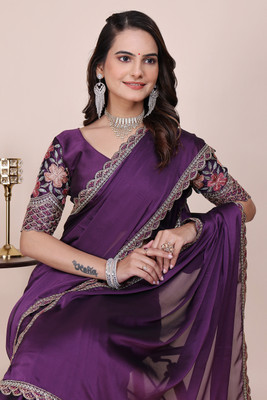 K 5 FASHION Embroidered, Self Design Bollywood Chiffon Saree(Purple)