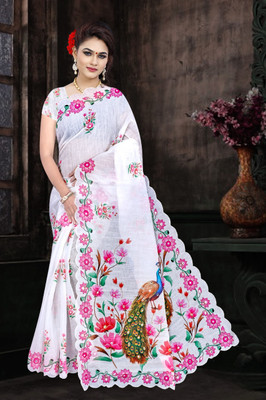Tanishika creation Floral Print Handloom Pure Cotton Saree(White, Pink)