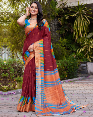 SIRIL Embellished, Printed, Temple Border Bollywood Silk Blend Saree(Maroon)