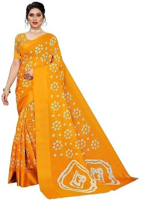 Grubstaker Printed Bandhani Cotton Silk Saree(Yellow)