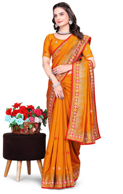 KHRITI FAB Embroidered Bollywood Silk Blend Saree(Orange)