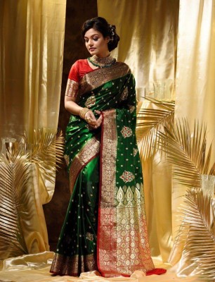 Bansari Textiles Woven, Applique, Self Design, Striped Bollywood Jacquard, Art Silk Saree(Green)