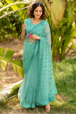 SUBHAM Embroidered, Embellished Bollywood Net Saree(Light Blue)