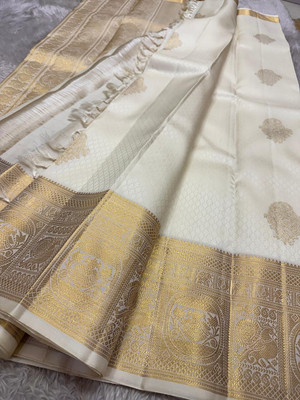 MIRMAN Woven Banarasi Pure Silk Saree(White)