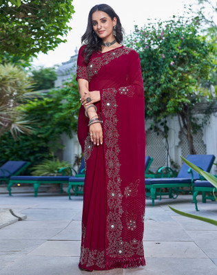Satrani Dyed, Embellished Bollywood Georgette Saree(Pink, Silver)