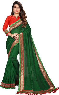Aai shree khodiyar Solid/Plain Bollywood Cotton Blend Saree(Green)
