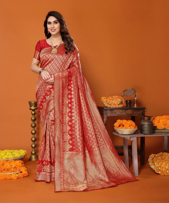 YASHIKA Printed Kanjivaram Silk Blend Saree(Red)